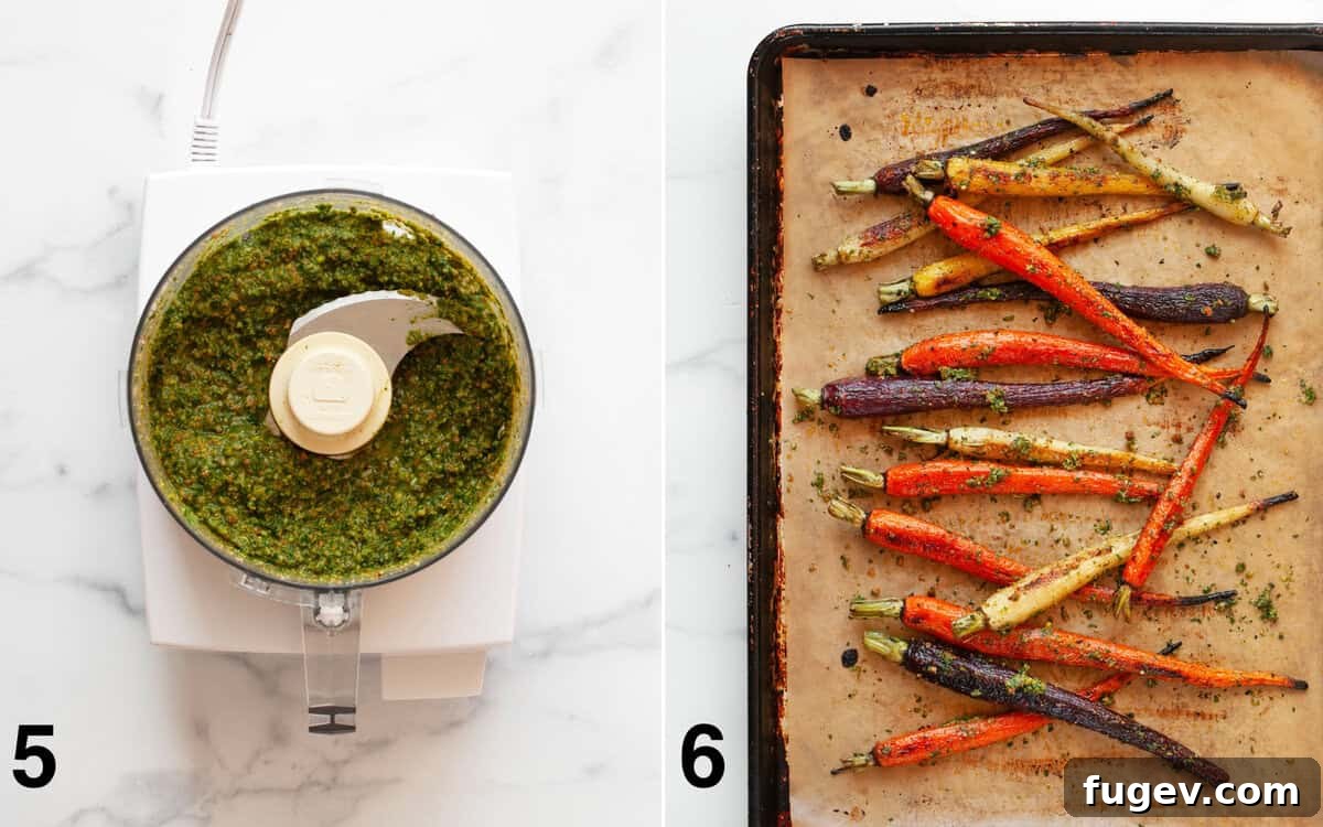 Roasted Rainbow Carrots and Their Green Crown Pesto 6 Visual steps illustrating carrot top pesto being blended in a food processor and then roasted carrots being tossed with pesto on a sheet pan.