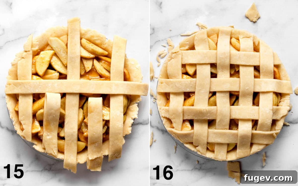 Salted Caramel Apple Crumble Pie 12 The process of weaving a lattice crust, followed by trimming the pie edges.