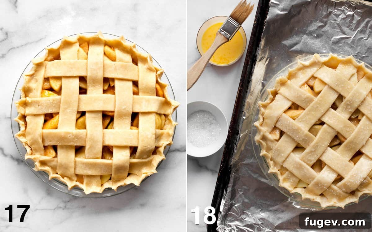 Salted Caramel Apple Crumble Pie 13 Crimping the pie edges, then brushing the crust with egg wash and sprinkling with sanding sugar.