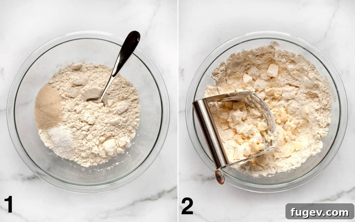 Salted Caramel Apple Crumble Pie 5 Step-by-step image showing dry ingredients in a bowl, then cold butter being cut in with a pastry blender.