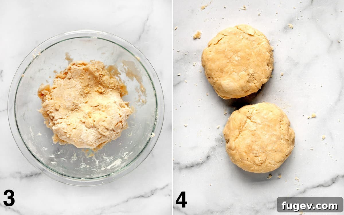 Salted Caramel Apple Crumble Pie 6 The pie dough being pressed into a ball, then divided into two flat disks for chilling.