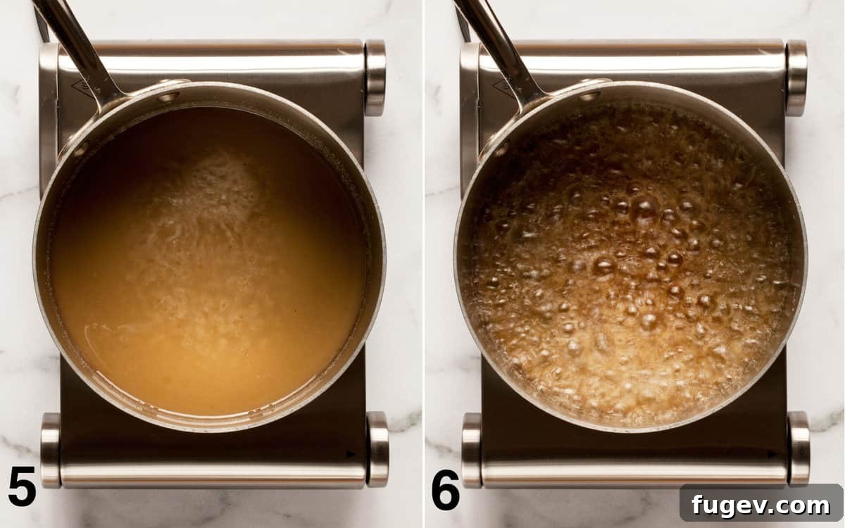 Salted Caramel Apple Crumble Pie 7 Sugar and water simmering in a saucepan, beginning to turn amber.