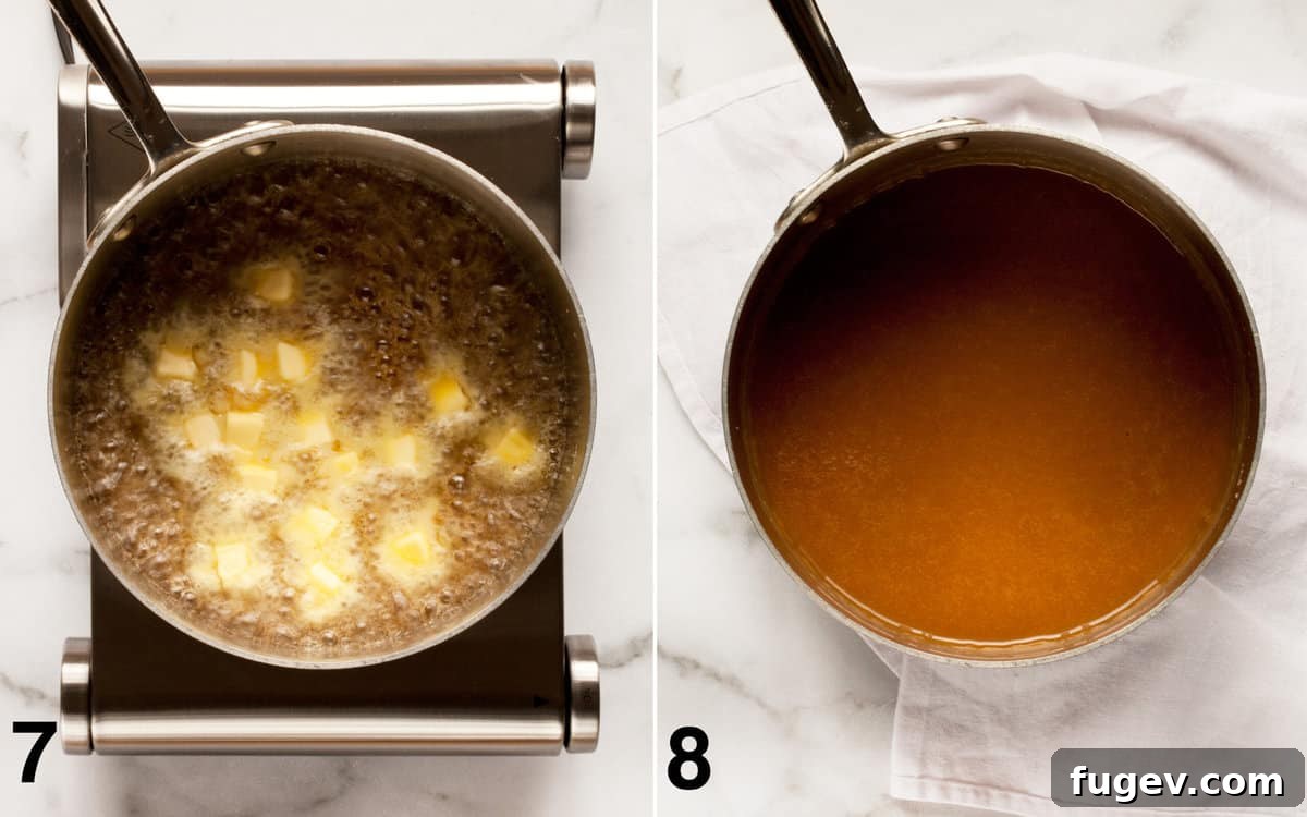 Salted Caramel Apple Crumble Pie 8 Adding butter to hot caramel, then whisking in heavy cream, vanilla, and sea salt after removing from heat.