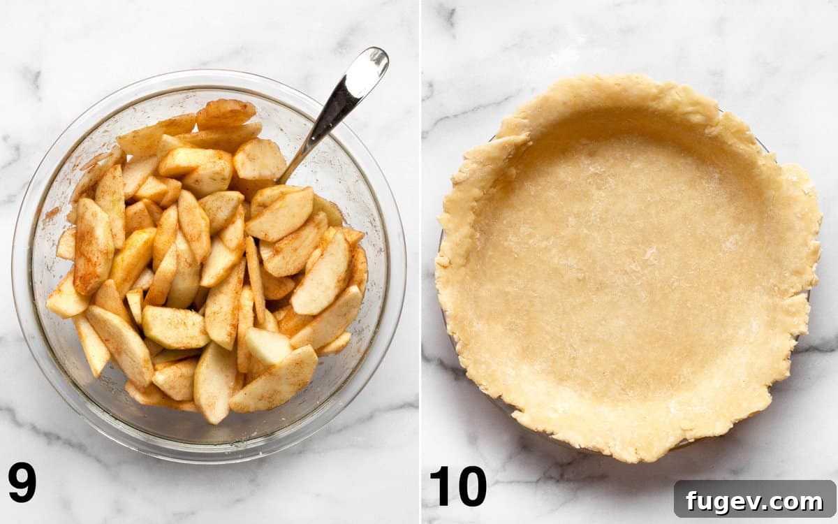 Salted Caramel Apple Crumble Pie 9 Mixing the apple pie filling, then rolling out dough and placing it in a pie dish.