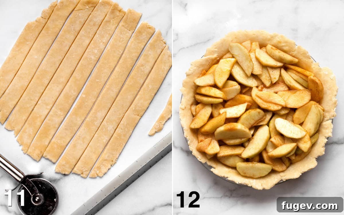 Salted Caramel Apple Crumble Pie 10 Dough rolled and sliced for lattice, then apple filling being spooned into the pie dish.
