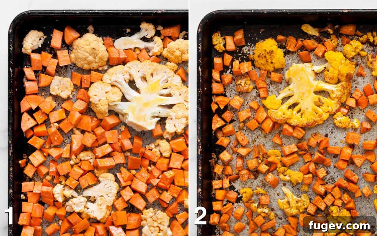 Golden Roasted Sweet Potato Cauliflower Soup 4 Before and after comparison of sweet potatoes and cauliflower on a sheet pan, showing the transformation from raw to perfectly roasted and caramelized vegetables.