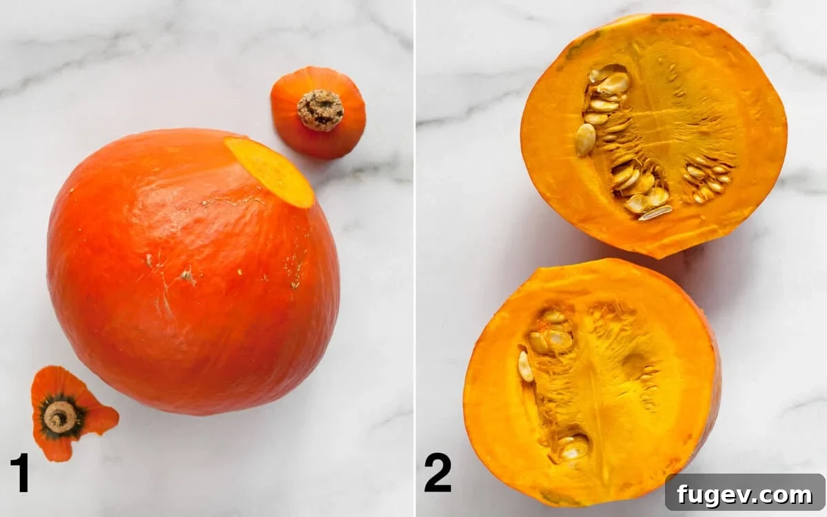 Umami-Glazed Crimson Kuri Squash 4 Step One: Trim the ends of the red kuri squash. Step 2: Halve the squash lengthwise, revealing the seeds.