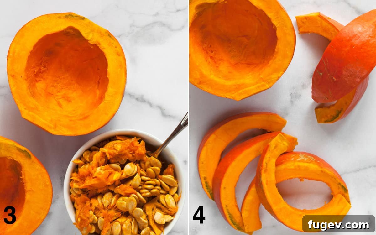 Umami-Glazed Crimson Kuri Squash 5 Step Three: Scoop out the seeds from the squash halves. Step Four: Slice the squash into even wedges.