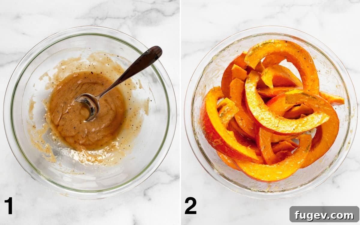 Umami-Glazed Crimson Kuri Squash 6 Step-by-step photos showing the preparation of miso marinade and tossing red kuri squash wedges in the mixture.