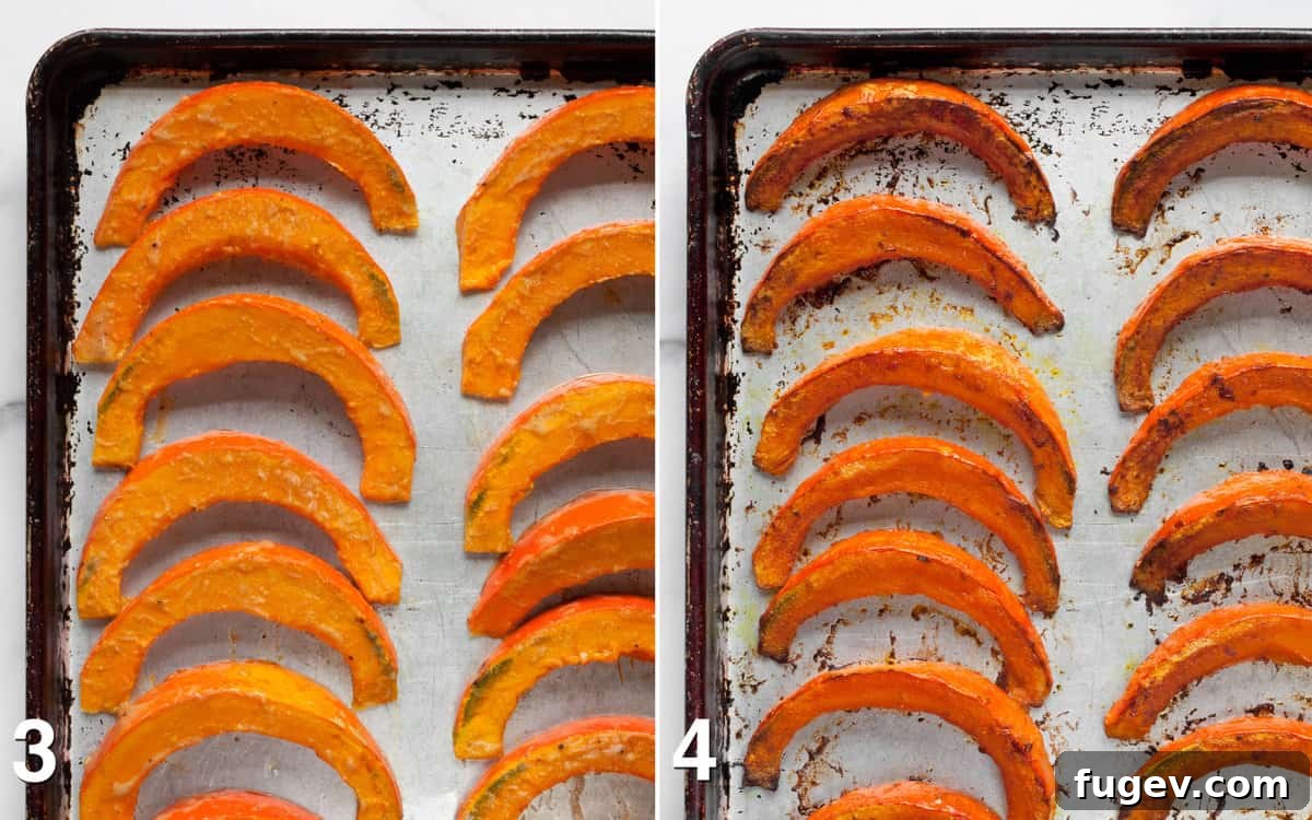 Umami-Glazed Crimson Kuri Squash 7 Before and after images of red kuri squash wedges on a sheet pan, showing the transformation after roasting.