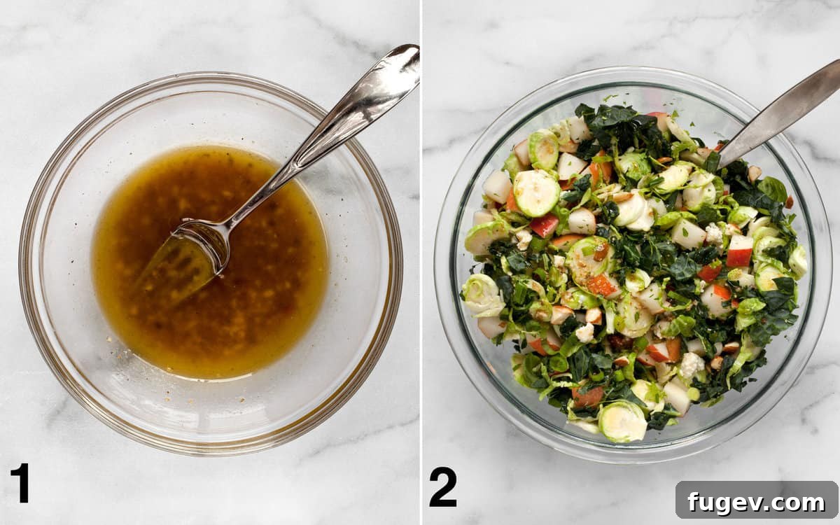 Sweet Pear and Shaved Brussels Kale Salad 4 A two-part image showing the sherry vinaigrette in a small bowl on the left, and the fully assembled kale and brussels sprout salad with pears, nuts, and blue cheese in a large bowl on the right, ready to be dressed.