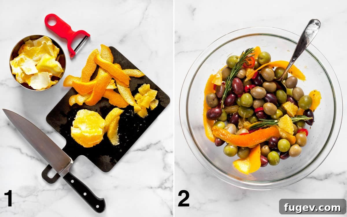 Zesty Herb Infused Olives 4 A visual sequence demonstrating the preparation: first, a hand peeling orange zest, then dicing orange segments, followed by a bowl with all ingredients mixed, ready for marinating.