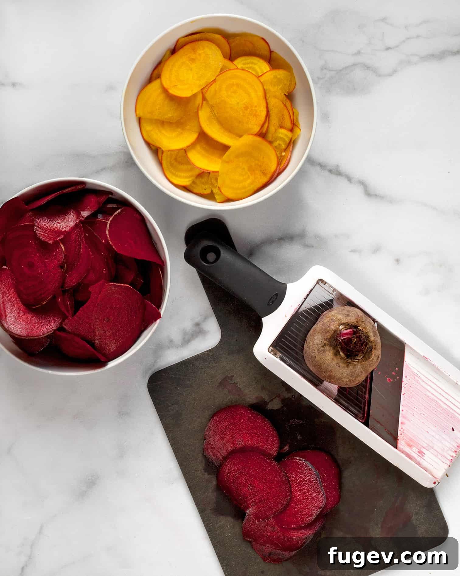 Crispy Roasted Beetroot Chips 4 Slicing beets with a mandoline for thin, even chips