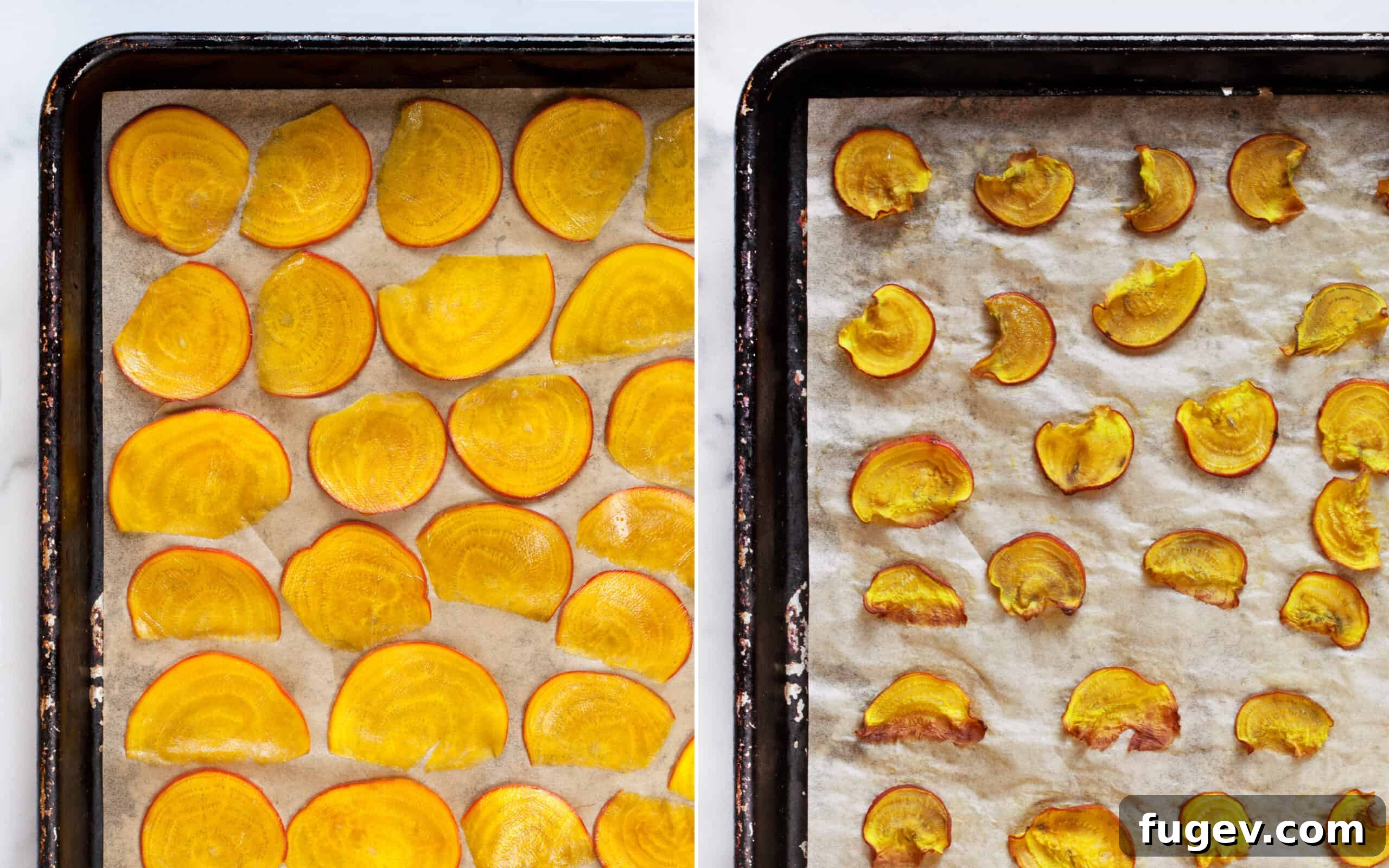 Crispy Roasted Beetroot Chips 6 Golden beets on a sheet pan, showing raw slices and baked chips