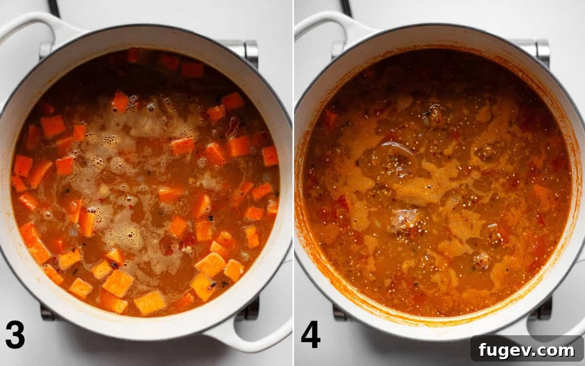 Sweet Potato White Bean Quinoa Bowl 5 Soup simmering with sweet potatoes, beans, broth, and tomatoes, with quinoa being added to the pot.