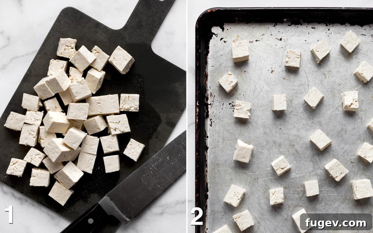 Spicy Kung Pao Tofu 4 Cubed tofu on a cutting board, and tofu spread out on a sheet pan ready for baking.