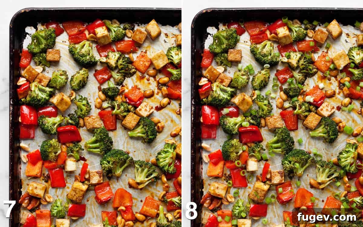 Spicy Kung Pao Tofu 7 Kung pao sauce stirred into tofu and vegetables on the baking sheet. Then sliced scallions sprinkled on top for garnish.