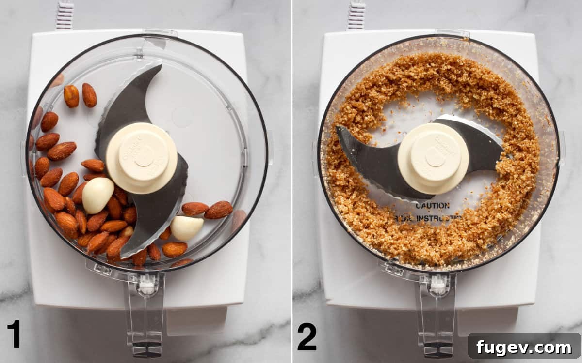 Flame-Kissed Red Pepper Hummus with Smoky Almond Crunch 4 A visual progression showing almonds and garlic cloves in a food processor before and after being finely chopped, and then all hummus ingredients before and after pureeing.