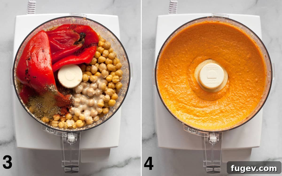 Flame-Kissed Red Pepper Hummus with Smoky Almond Crunch 5 Hummus ingredients in the food processor before and after they are pureed into a smooth, creamy hummus.