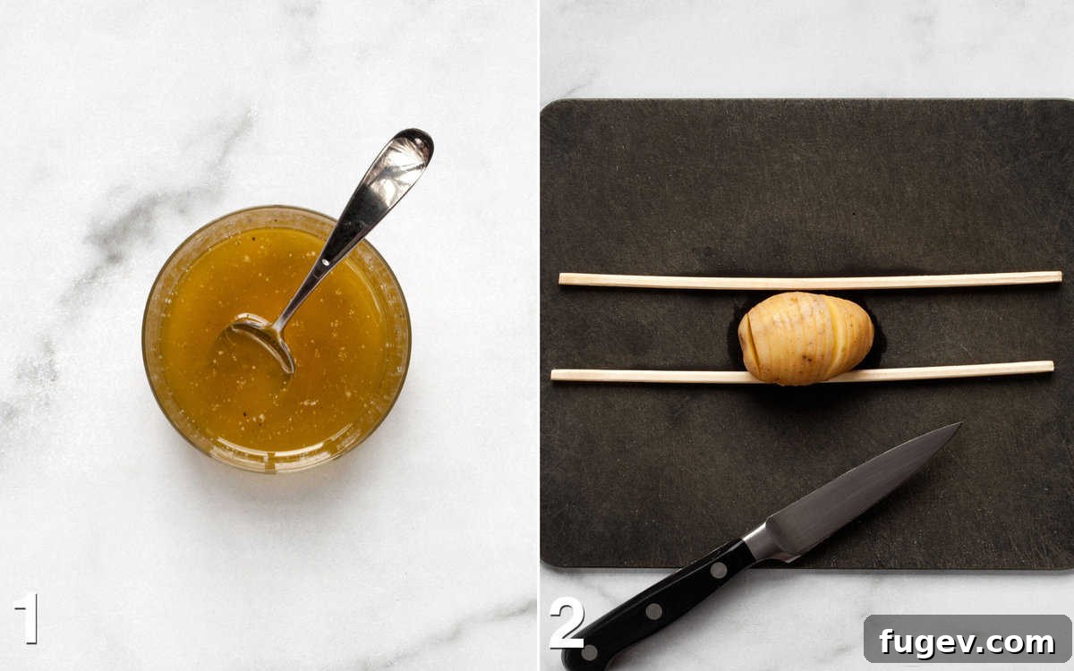 Crispy Accordion Bites 4 Left: Olive oil, melted butter, salt, and pepper thoroughly mixed in a small bowl. Right: A baby potato being thinly sliced on a cutting board, with chopsticks positioned on either side to prevent cutting all the way through.