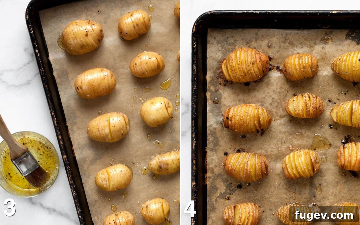 Crispy Accordion Bites 5 Left: Potatoes on a baking sheet, generously brushed with the oil-butter mixture before roasting. Right: Roasted potatoes on the pan, golden brown and fanned out, after 45 minutes in the oven.