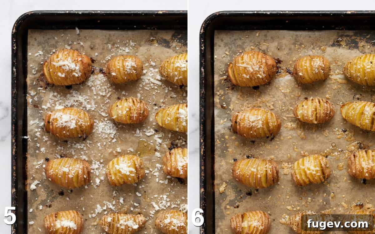 Crispy Accordion Bites 6 Left: Hasselback potatoes freshly sprinkled with grated Parmesan cheese, ready for the final bake. Right: The same potatoes after the final 5 minutes in the oven, with the Parmesan melted and golden.