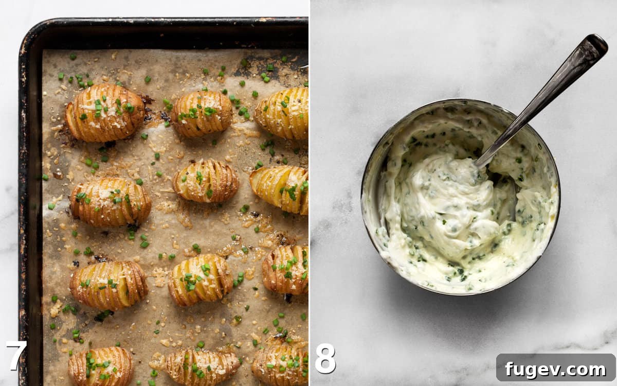 Crispy Accordion Bites 7 Left: Mini hasselback potatoes beautifully garnished with fresh chives. Right: A small bowl of creamy herby yogurt dip, stirred and ready to serve.