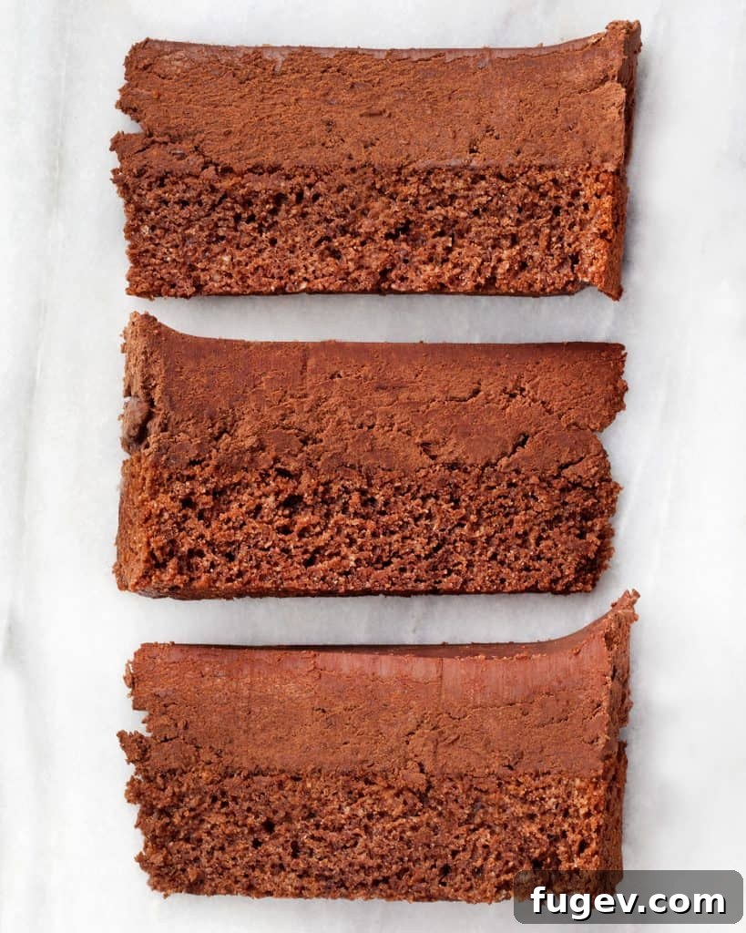 Silken Chocolate Cloud Cake 3 Slice of chocolate mousse cake showing layers of cake and mousse.