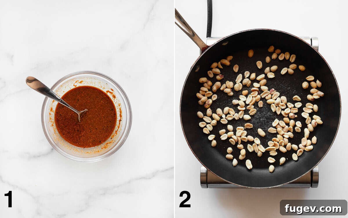 Nutty Vegetable Stir-Fry 4 Homemade peanut sauce stirred in a bowl next to peanuts toasting in a skillet, ready for stir-frying.