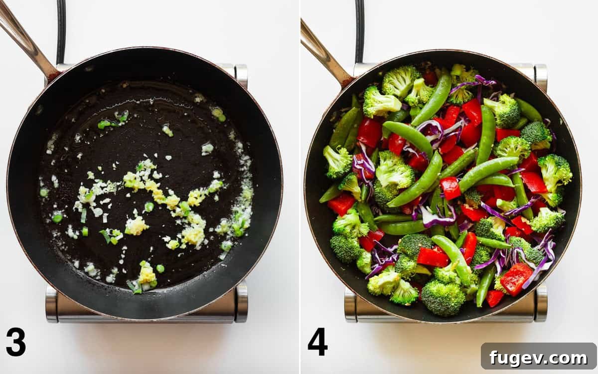Nutty Vegetable Stir-Fry 5 White parts of scallions, garlic, and ginger sautéing in a hot skillet, followed by the addition of colorful vegetables to create a vibrant stir-fry base.