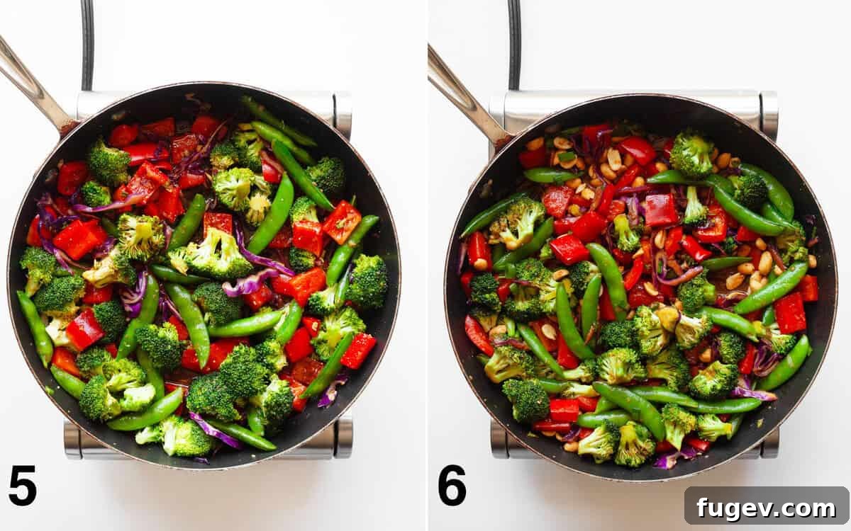 Nutty Vegetable Stir-Fry 6 Rich peanut sauce poured over vibrant stir-fried vegetables in a skillet, followed by the addition of toasted peanuts and fresh green scallions for garnish.