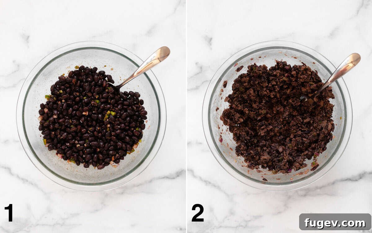 Two images: one shows black beans mixed with red onions, jalapenos, and spices in a bowl; the other shows the mixture partially mashed with a fork.