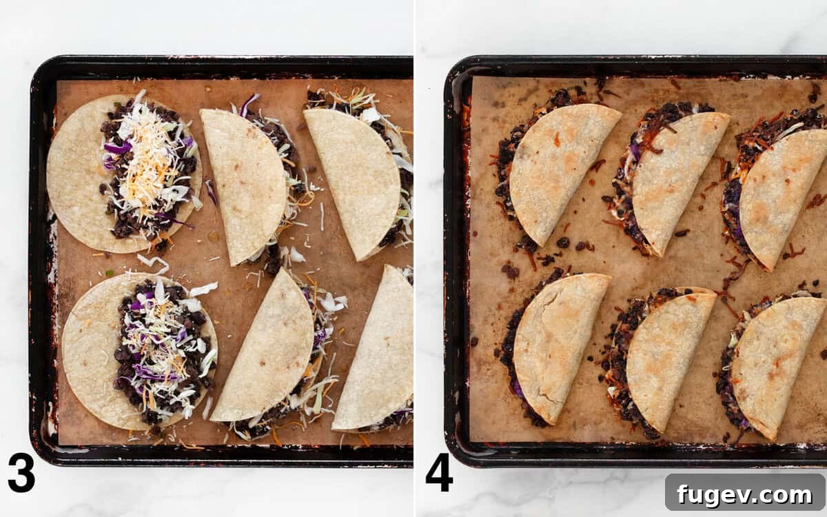 Two images: one shows raw assembled tacos on a sheet pan; the other shows the same tacos after baking, golden and crispy.
