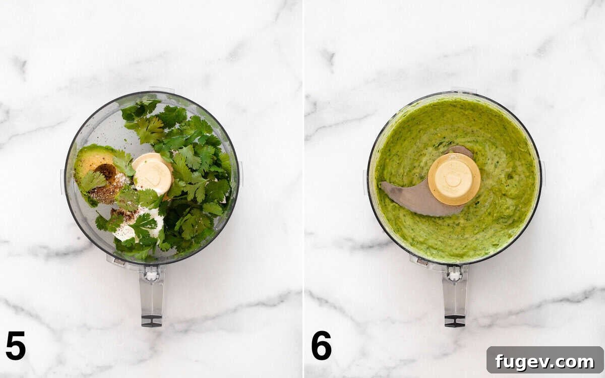 Two images: one shows all avocado sauce ingredients in a food processor before blending; the other shows the same ingredients pureed into a smooth, creamy sauce.