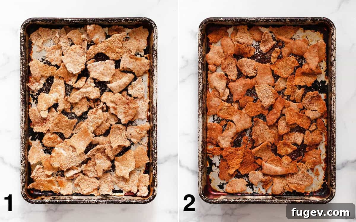 Comparison image showing torn pita bread tossed with olive oil and sumac on a baking sheet before and after toasting to a golden crisp in the oven, ready for the salad.