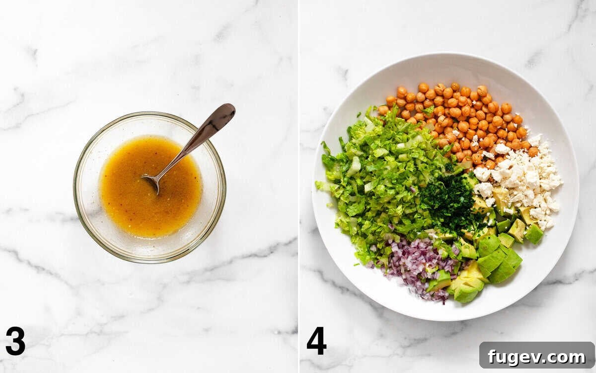 Two images side-by-side illustrating the salad preparation: one showing a small bowl with freshly whisked white wine vinaigrette and the other displaying a large bowl containing mixed salad ingredients (chickpeas, diced avocados, red onions, feta, parsley) before dressing.