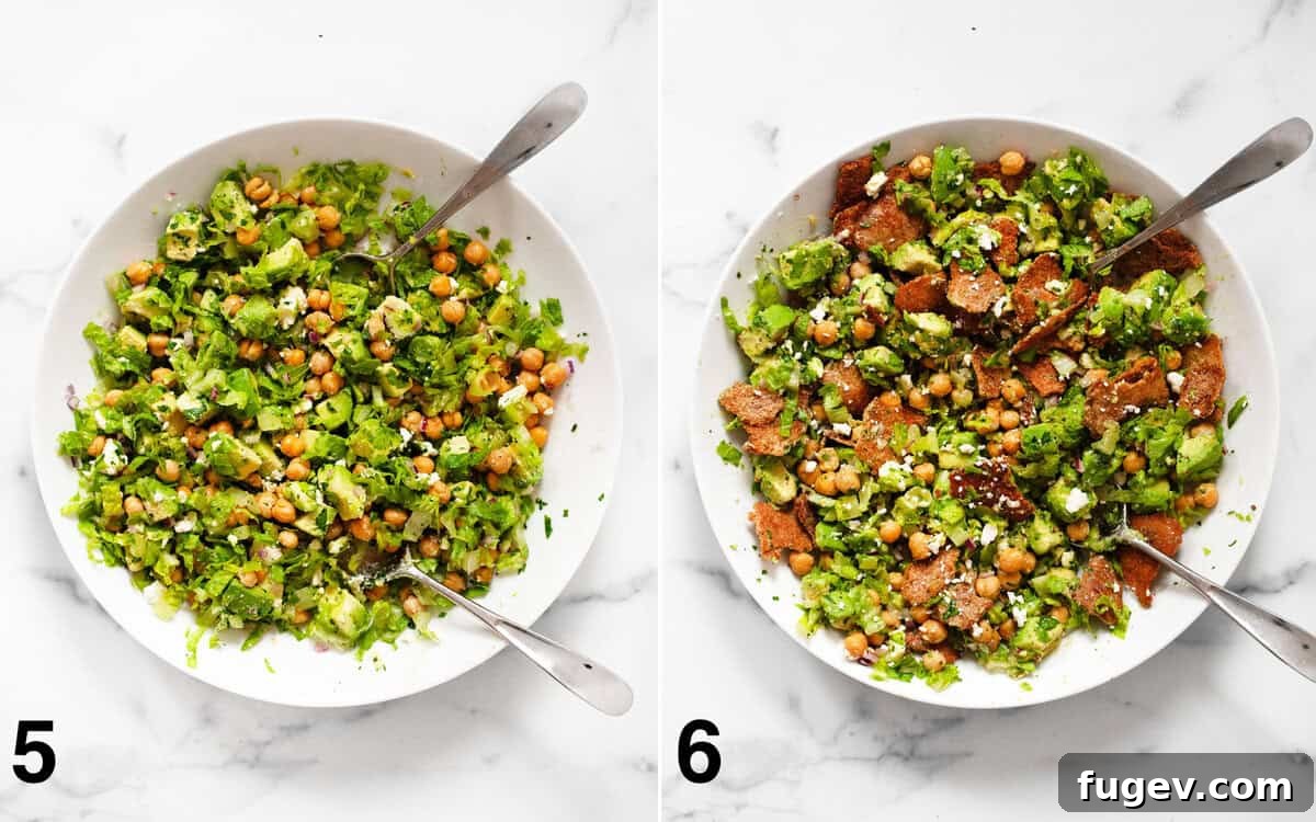 Two sequential images showing the final stages of salad preparation: a large bowl of chickpea avocado salad being tossed with dressing, followed by the crispy pita chips being folded into the fully dressed salad for added texture.