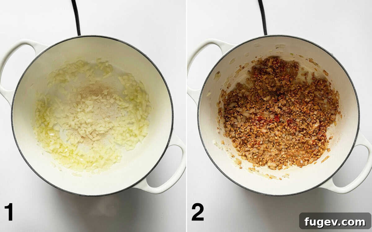Rustic Tomato White Bean Farro Soup 4 Step-by-step images showing onions sautéing in a Dutch oven, followed by tomato paste, garlic, seasonings, and farro being stirred into the sautéed onions.