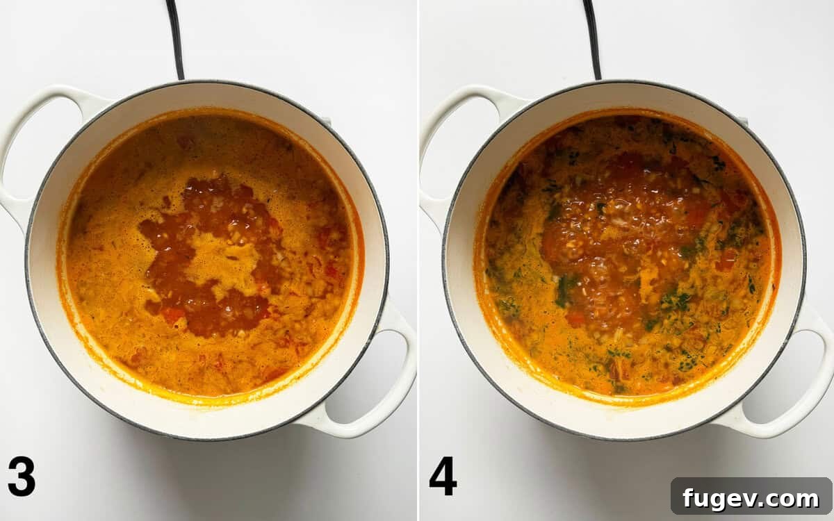 Rustic Tomato White Bean Farro Soup 5 Two images: one showing the soup simmering gently in the pot, and the second showing fresh kale being stirred into the hot soup.