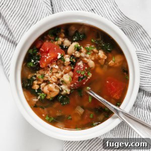 Rustic Tomato White Bean Farro Soup 6 Close-up of a serving of tomato white bean farro soup, garnished with parsley and a drizzle of olive oil.