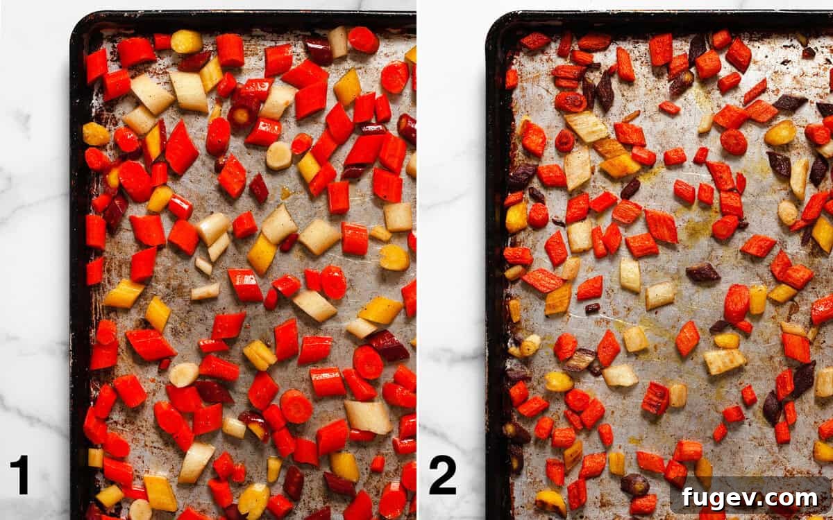 Two images side by side: one shows raw seasoned carrots spread on a baking sheet, and the other shows golden-brown, tender roasted carrots after cooking.