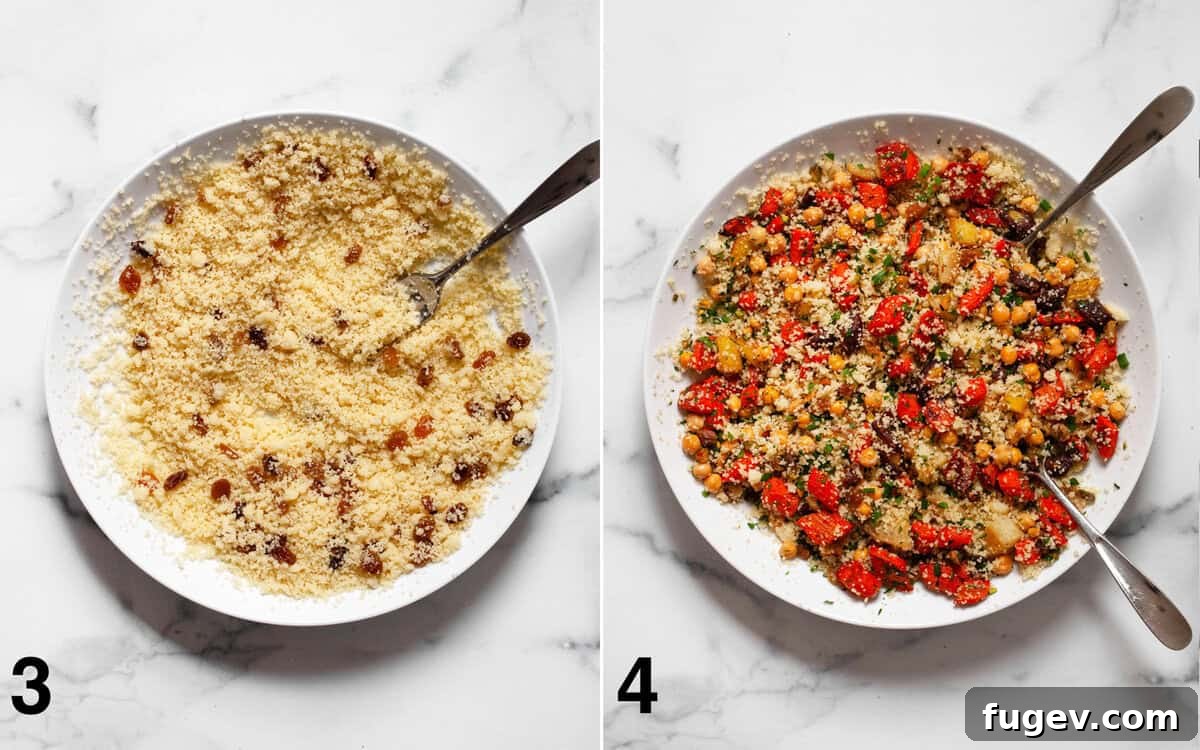 Two images side by side: one shows cooked couscous with plump golden raisins in a large bowl, and the other shows the roasted carrots, chickpeas, pistachios, and fresh herbs being folded into the couscous mixture.