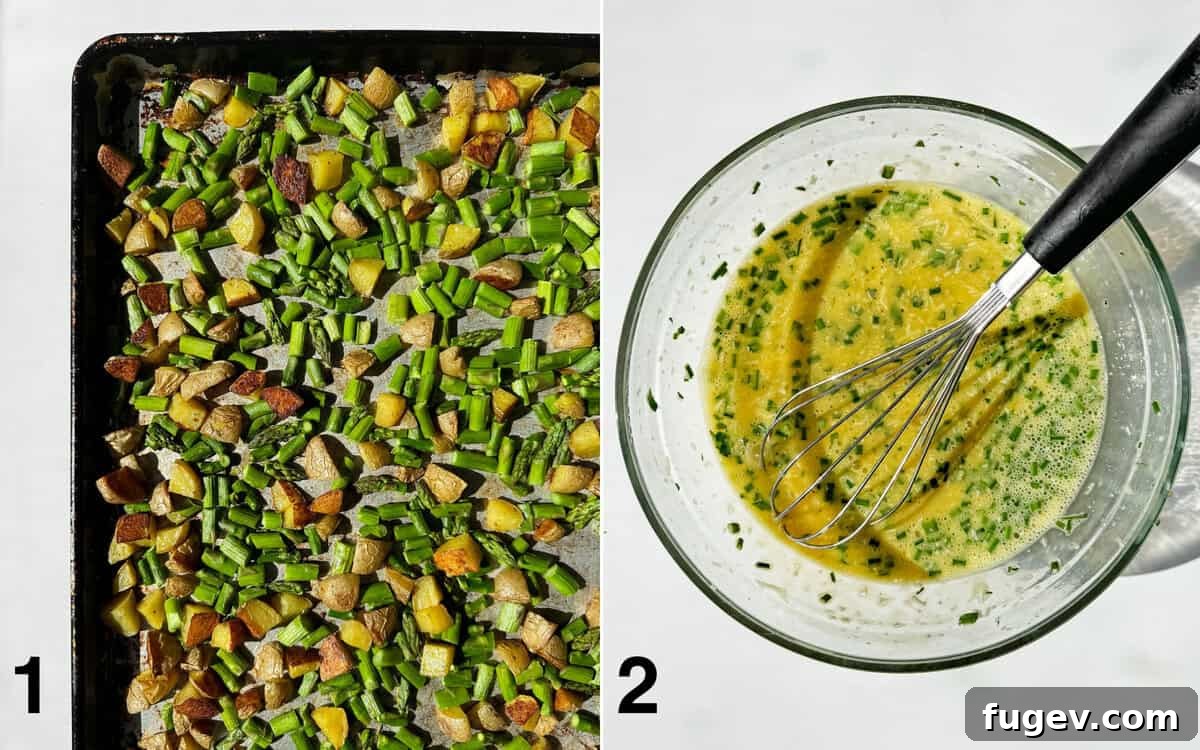 A sheet pan with diced, roasted potatoes and asparagus. Separately, a bowl holds the whisked egg mixture with herbs and cheese.