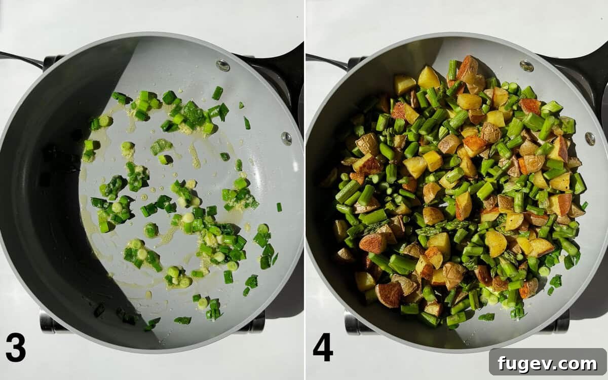 Scallions and garlic gently sautéing in an oven-safe skillet. A separate image shows the roasted vegetables, asparagus and potatoes, spooned into the skillet with the aromatics.