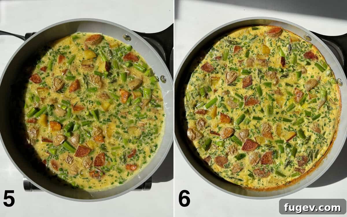 The egg mixture poured over vegetables in a skillet, cooking on the stovetop. Another image shows the golden-brown baked frittata in the skillet, ready to be sliced.