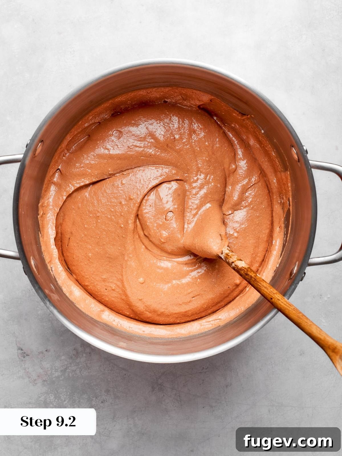 Decadent German Chocolate Cake 15 Thick, glossy chocolate batter, perfectly prepared and ready for baking into tender cake layers.