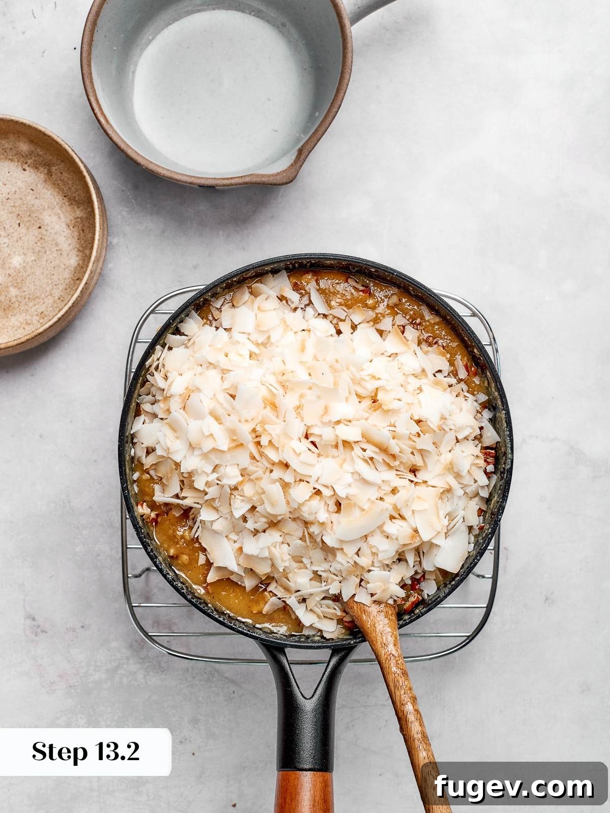 Decadent German Chocolate Cake 19 Unsweetened shredded coconut stirred into the warm caramelized custard, creating the iconic texture and flavor for the German chocolate cake topping.