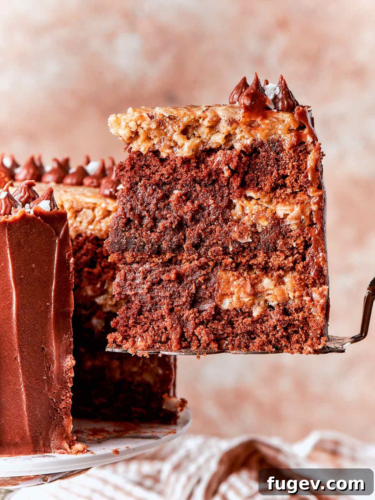 Decadent German Chocolate Cake 27 A perfectly cut slice of German chocolate cake, showcasing its distinct layers of tender chocolate crumb, rich butter ganache, and luscious coconut pecan frosting.