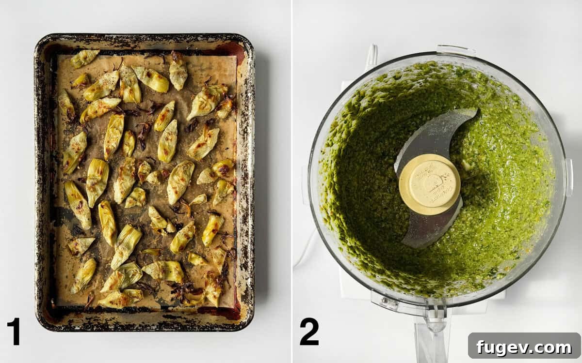 Spinach Artichoke Pasta Bake 4 Two images: one showing roasted artichokes on a sheet pan, and the other showing vibrant green spinach pesto being blended in a food processor.