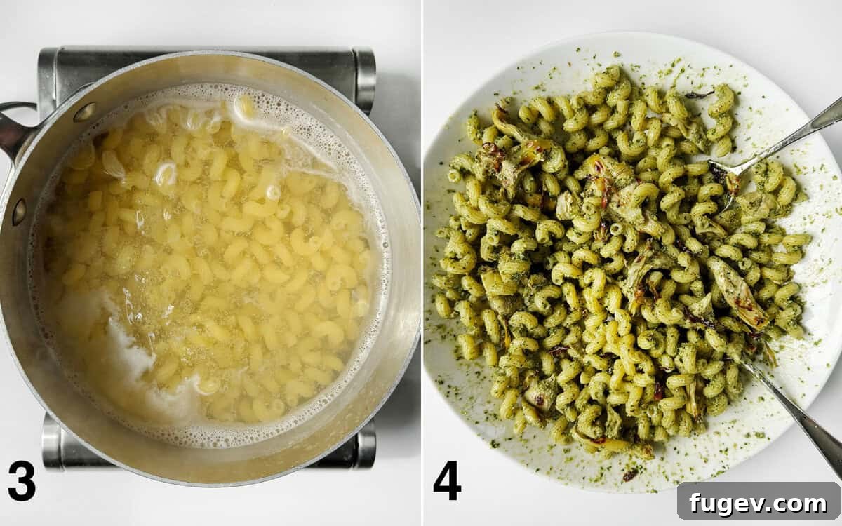 Spinach Artichoke Pasta Bake 5 Two images: one showing pasta simmering in a pot, and the other showing pesto and roasted artichokes being stirred into cooked pasta in a large bowl.